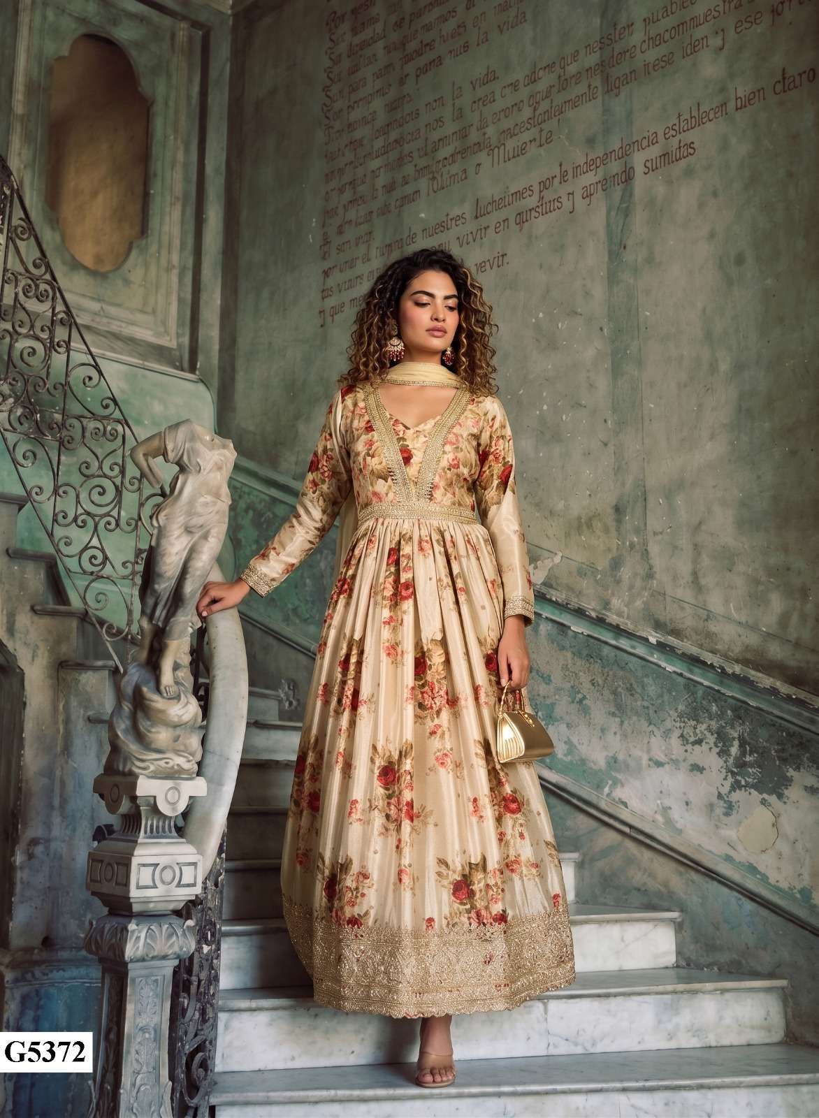 SANAAYA BOUTIQUE CHINON SILK DIGITAL PRINT PARTY WEAR LONG GOWN COLLECTION TEXTILE SHOP